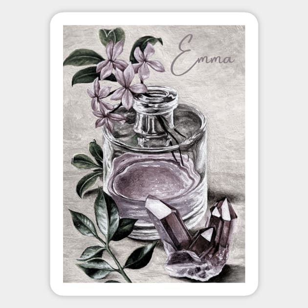 Emma vintage print perfume & rose quartz personalised Sticker by LukjanovArt